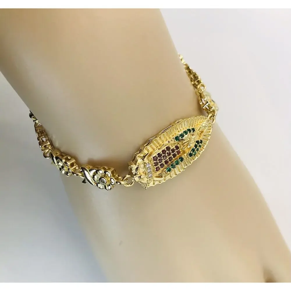 14K Gold Plated Floral Bracelet Oro Laminado Virgen De Guadalupe Pulsera 8”